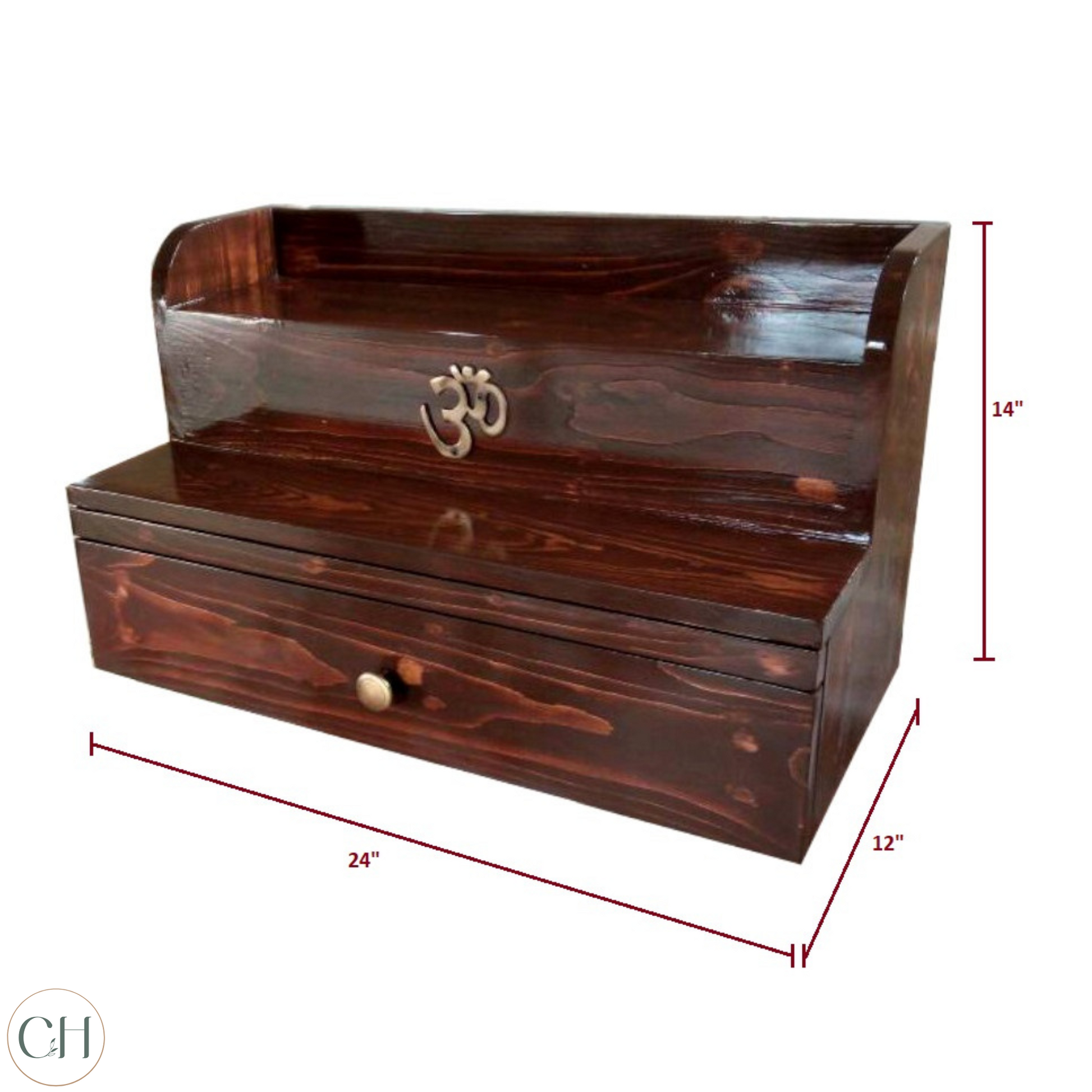 Compact wooden puja mandir with brass AUM symbol with dimensions shown on white background