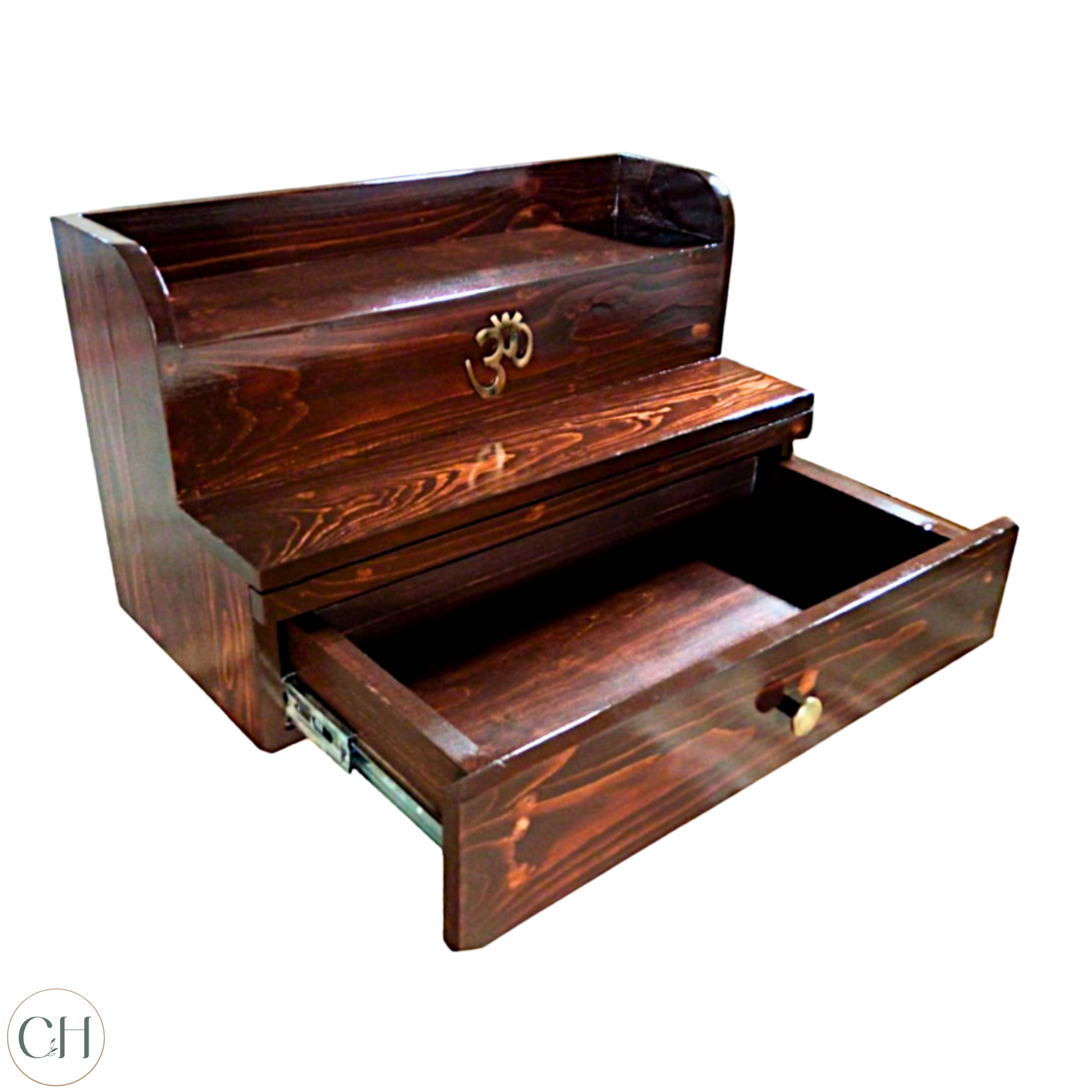 Compact wooden puja mandir with brass AUM symbol, placed against white background, showing open storage shelf
