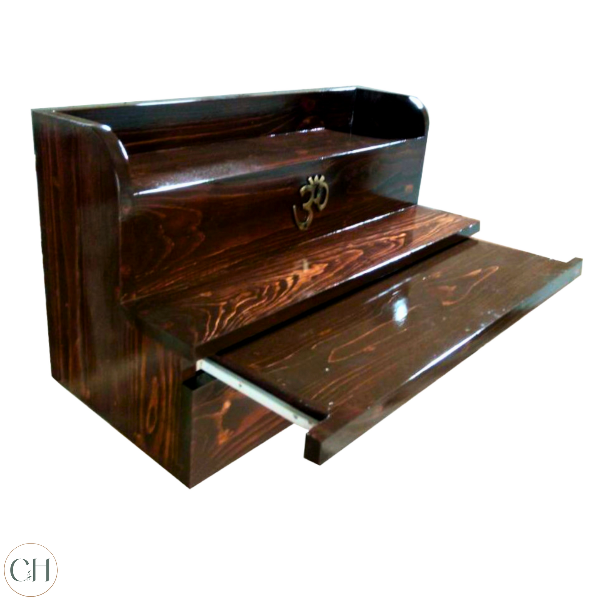 Compact wooden puja mandir with brass AUM symbol, placed against white background, showing open storage shelf