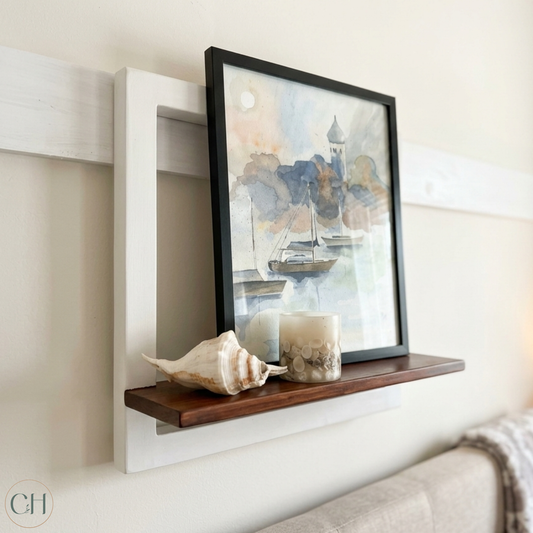 Wall-mounted frame shelf with decorative items | CustHum