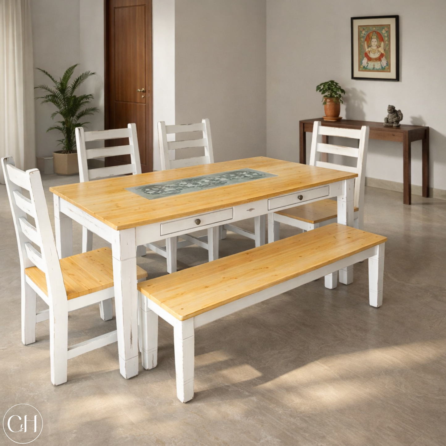 Wooden dining table with embedded tiles, chairs, and bench in a well-lit dining room, beechwood tone | CustHum