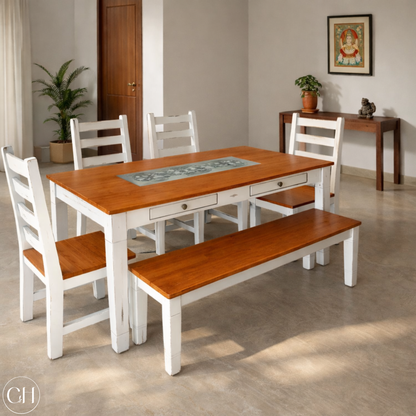 Wooden dining table with embedded tiles, chairs, and bench in a well-lit dining room, light teak wood tone | CustHum