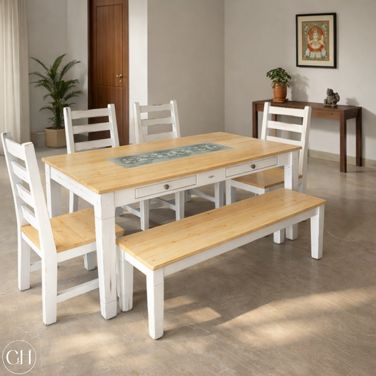 Wooden dining table with embedded tiles, chairs, and bench in a well-lit dining room, natural pine wood tone | CustHum