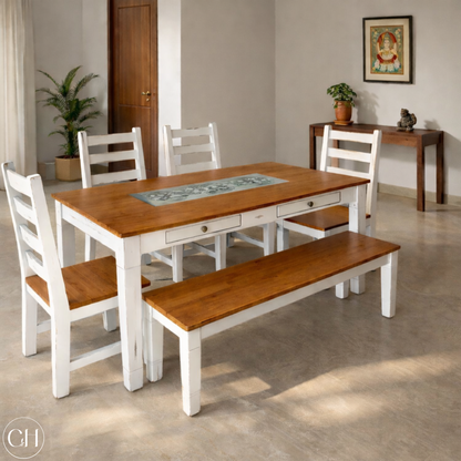 Wooden dining table with embedded tiles, chairs, and bench in a well-lit dining room, oak wood tone | CustHum