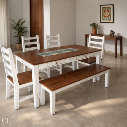 Wooden dining table with embedded tiles, chairs, and bench in a well-lit dining room, teak wood tone | CustHum