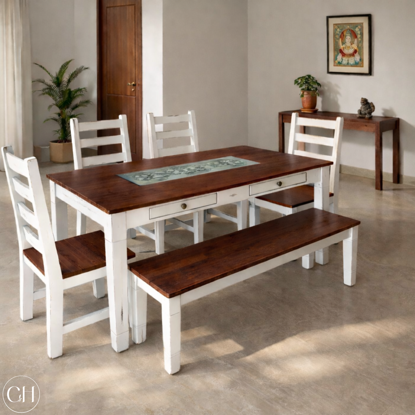 Wooden dining table with embedded tiles, chairs, and bench in a well-lit dining room, dark wood tone | CustHum