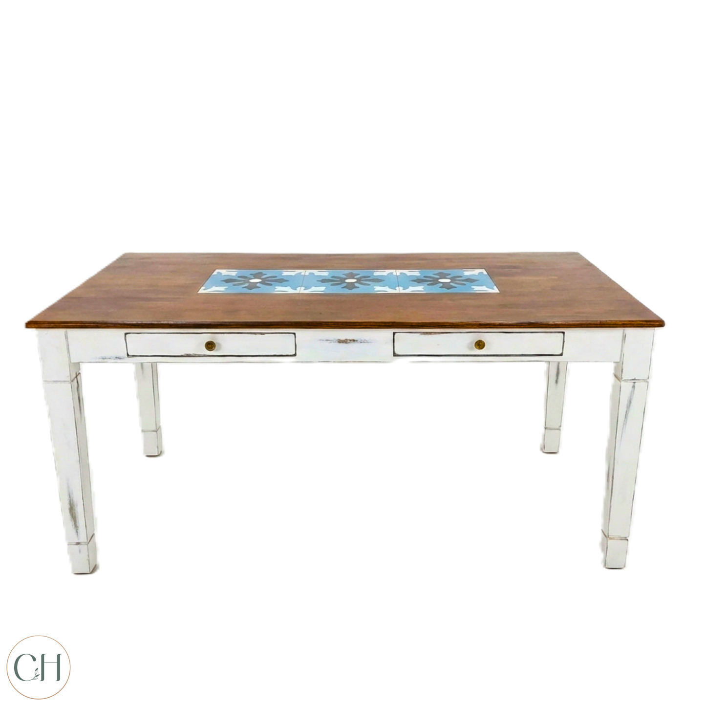Wooden dining table with inlaid tiles, in wood and distressed white finish, against a white background | CustHum