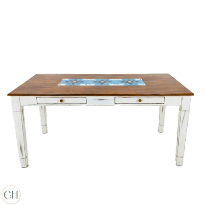 Wooden dining table with inlaid tiles, in wood and distressed white finish, against a white background | CustHum