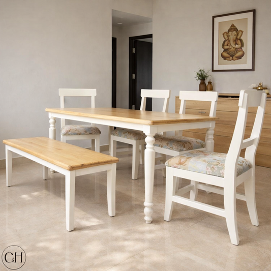 Dining room with English country-style wooden dining table and chairs in a home setting, natural pine wood tone | CustHum