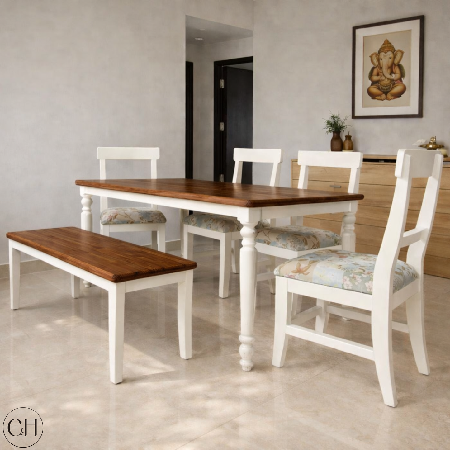 Dining room with English country-style wooden dining table and chairs in a home setting, teak wood tone | CustHum