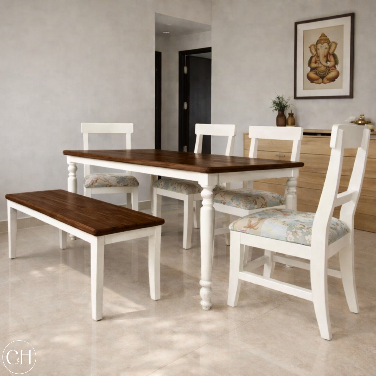 Dining room with English country-style wooden dining table and chairs in a home setting, dark wood tone | CustHum