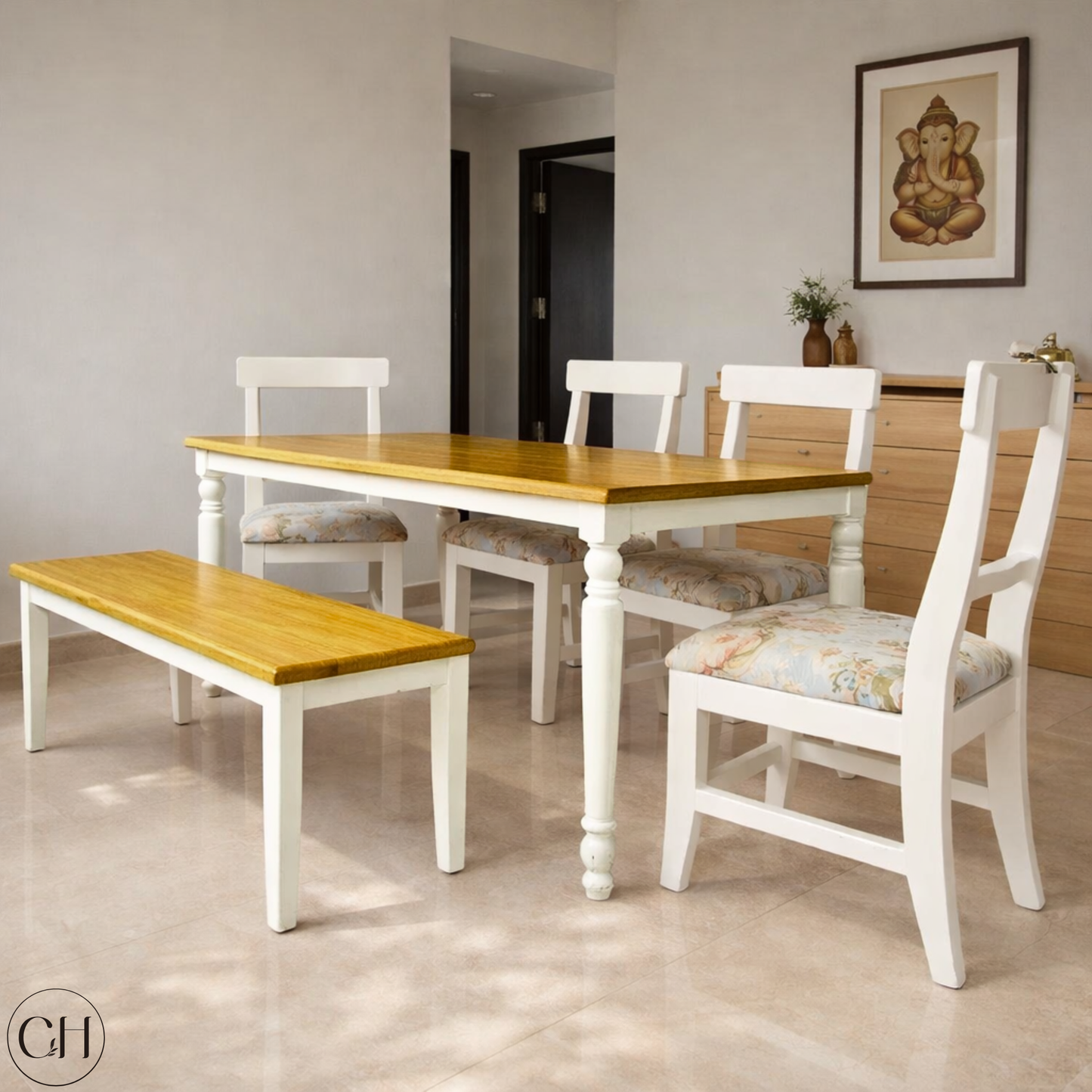 Dining room with English country-style wooden dining table and chairs in a home setting, beech wood tone | CustHum