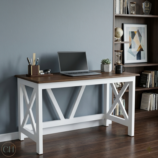 Farmhouse-style table with cross base design in white and wood tone, showing a modern home office set up | CustHum