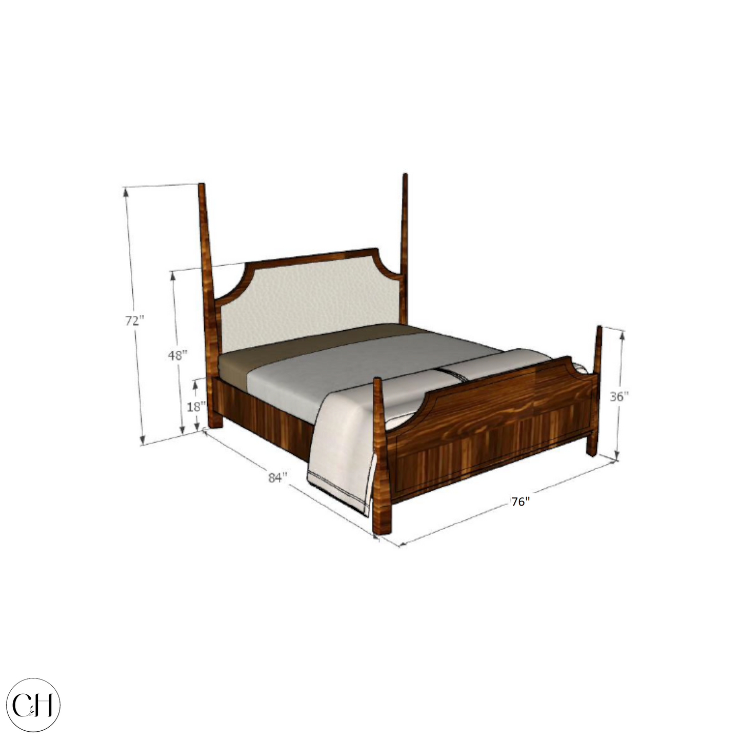 CustHum - 4-poster bed with upholstered headboard (dimensions, king-size)