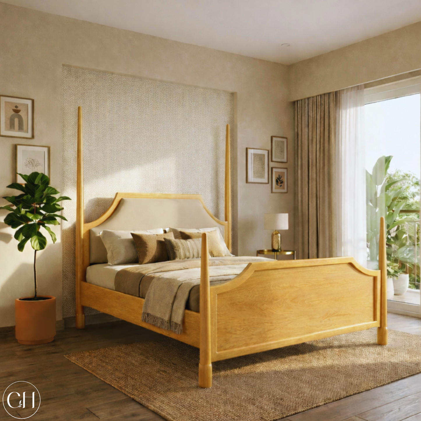 CustHum four-poster bed in light wood tone, shown in a bedroom with a plant and framed pictures on the wall.
