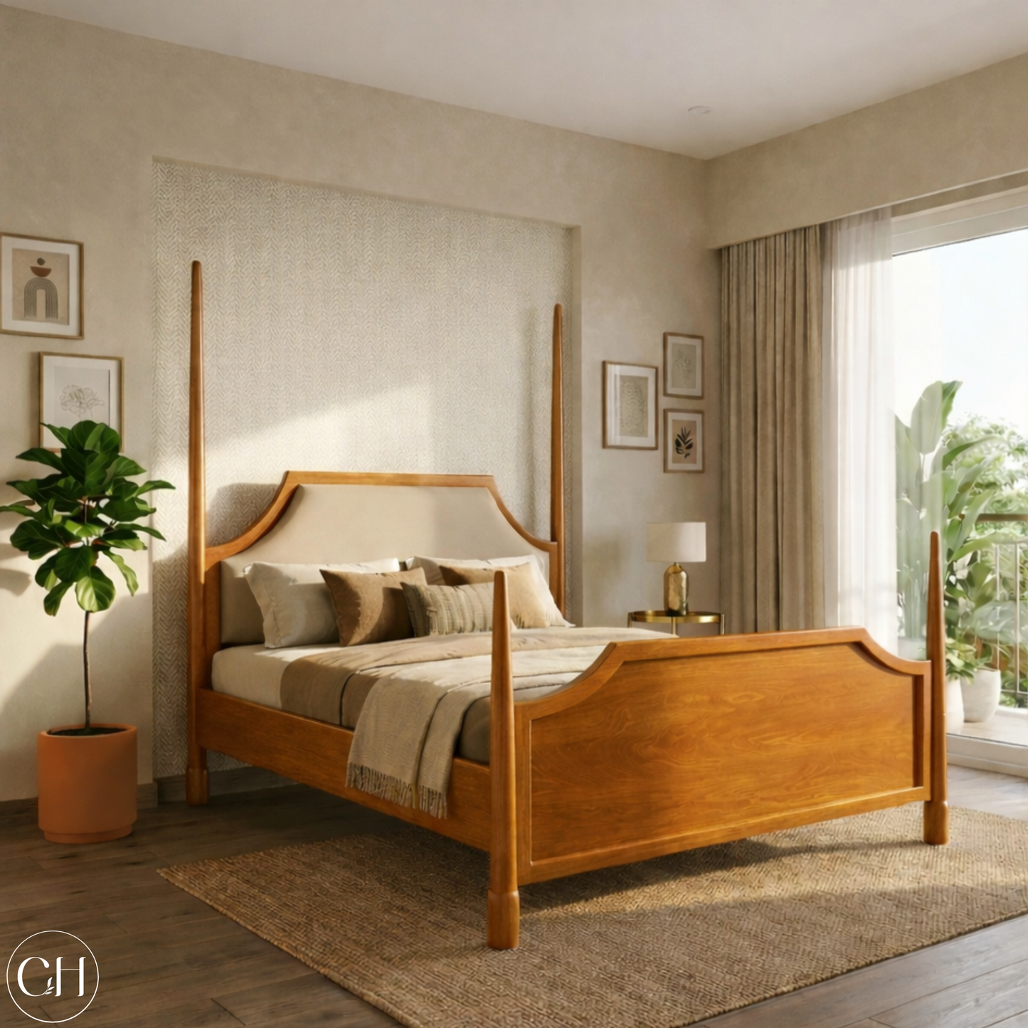 CustHum four-poster bed in light teak wood tone, shown in a bedroom with a plant and framed pictures on the wall.