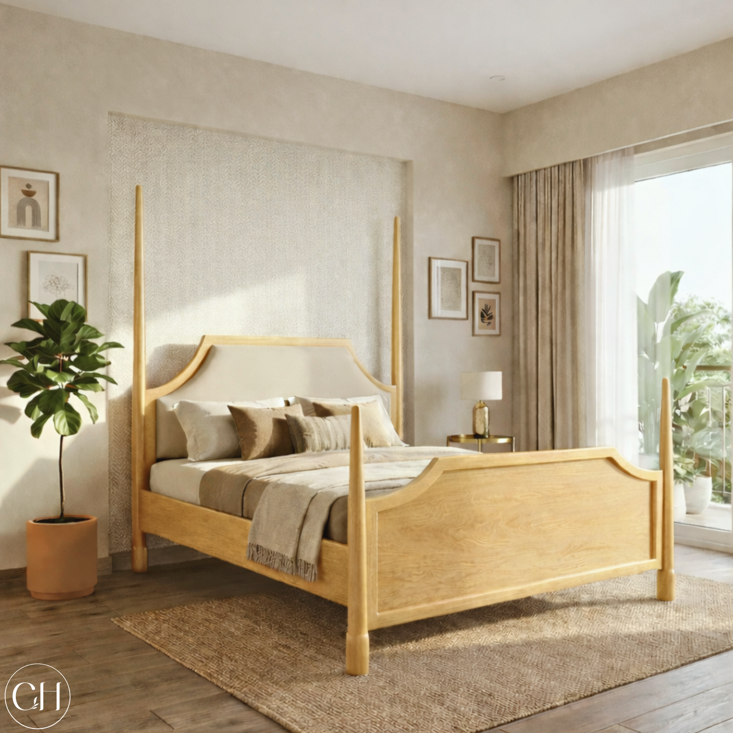 CustHum four-poster bed in natural pine wood tone, shown in a bedroom with a plant and framed pictures on the wall.
