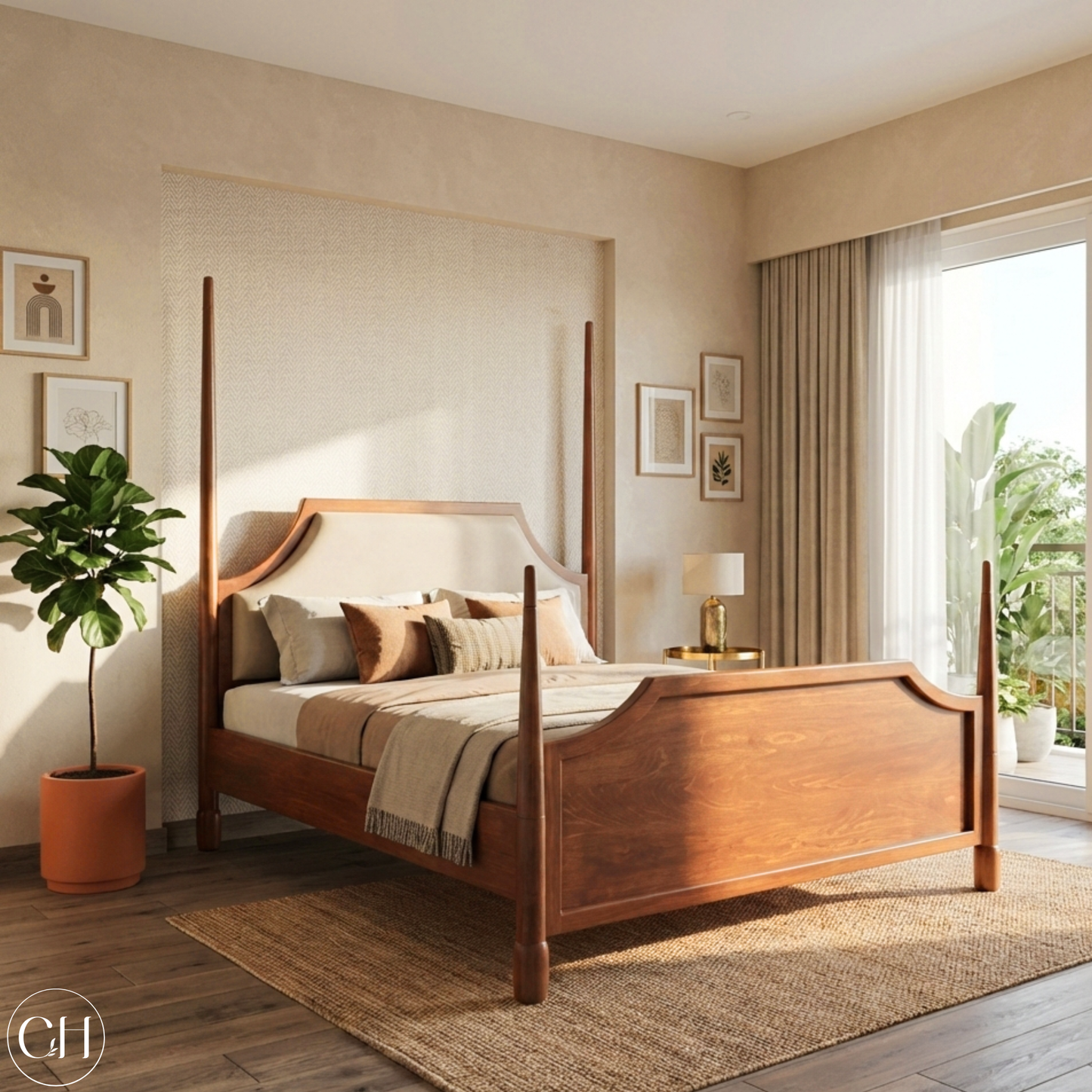CustHum four-poster bed in oak wood tone, shown in a bedroom with a plant and framed pictures on the wall.