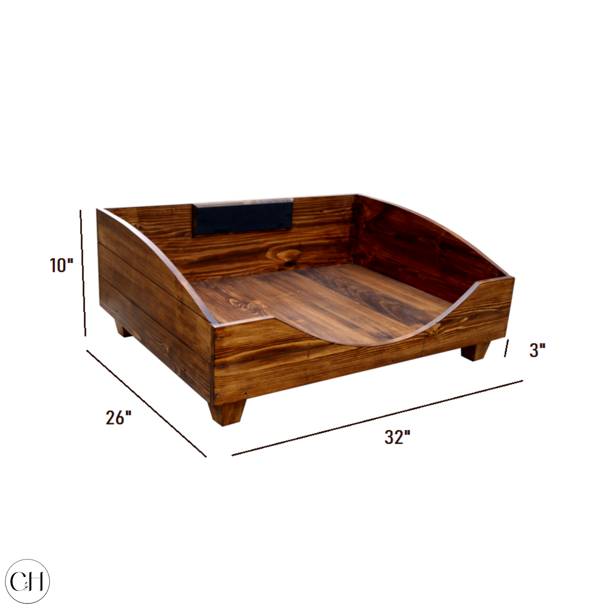 CustHum - Wooden dog bed with blackboard nameplate on the back panel (dimensions)