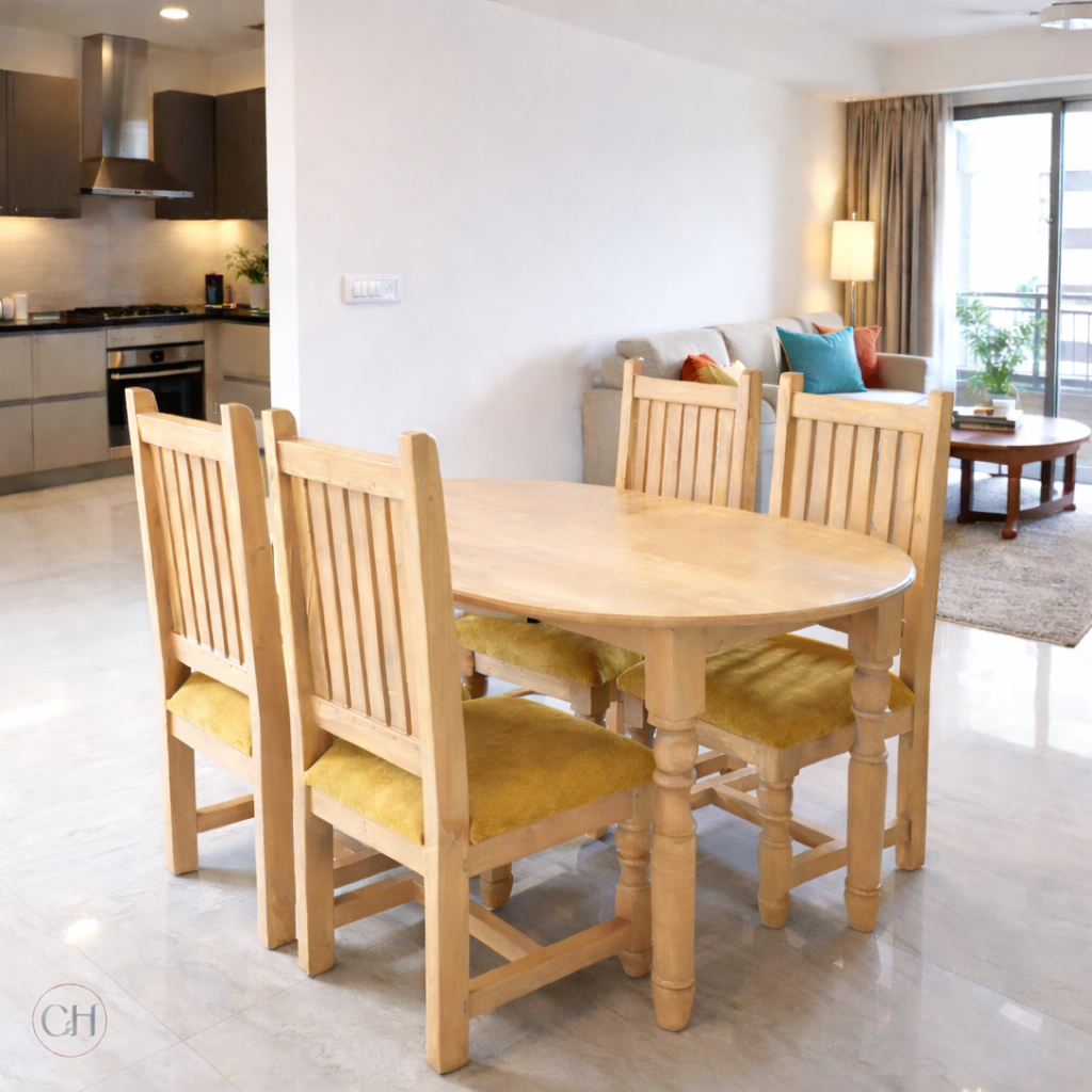 4-seater oval-shaped wooden dining table with upholstered chairs in a modern apartment, beech wood tone | CustHum