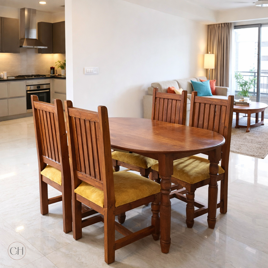 4-seater oval-shaped wooden dining table with upholstered chairs in a modern apartment, light teak wood tone | CustHum