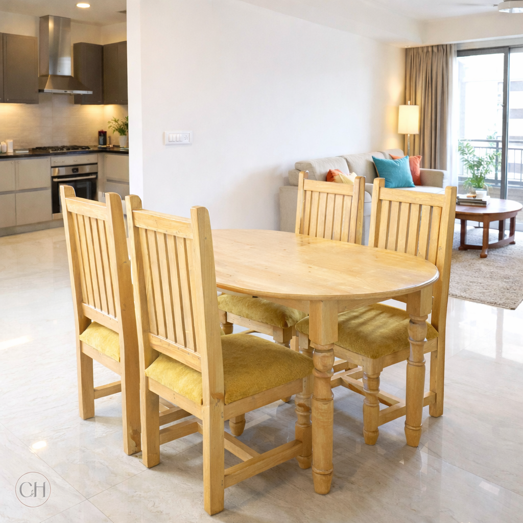 4-seater oval-shaped wooden dining table with upholstered chairs in a modern apartment, natural pinewood tone | CustHum