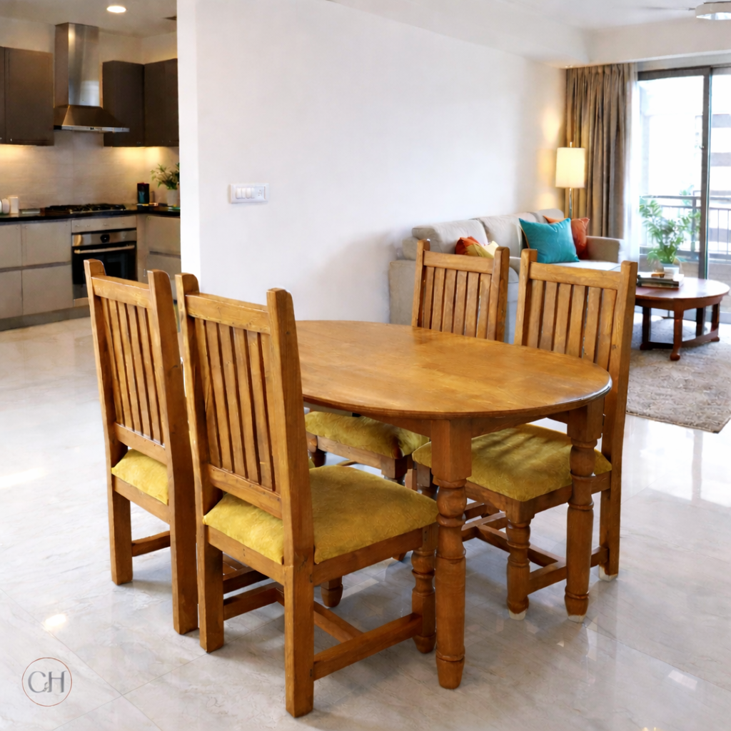 4-seater oval-shaped wooden dining table with upholstered chairs in a modern apartment, oak wood tone | CustHum