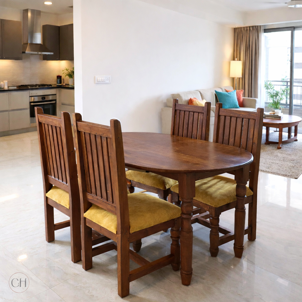 4-seater oval-shaped wooden dining table with upholstered chairs in a modern apartment, teak wood tone | CustHum