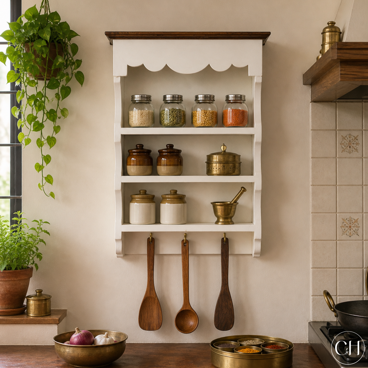 Farmhouse-style wall-mounted open kitchen shelf in wood and white tone | CustHum