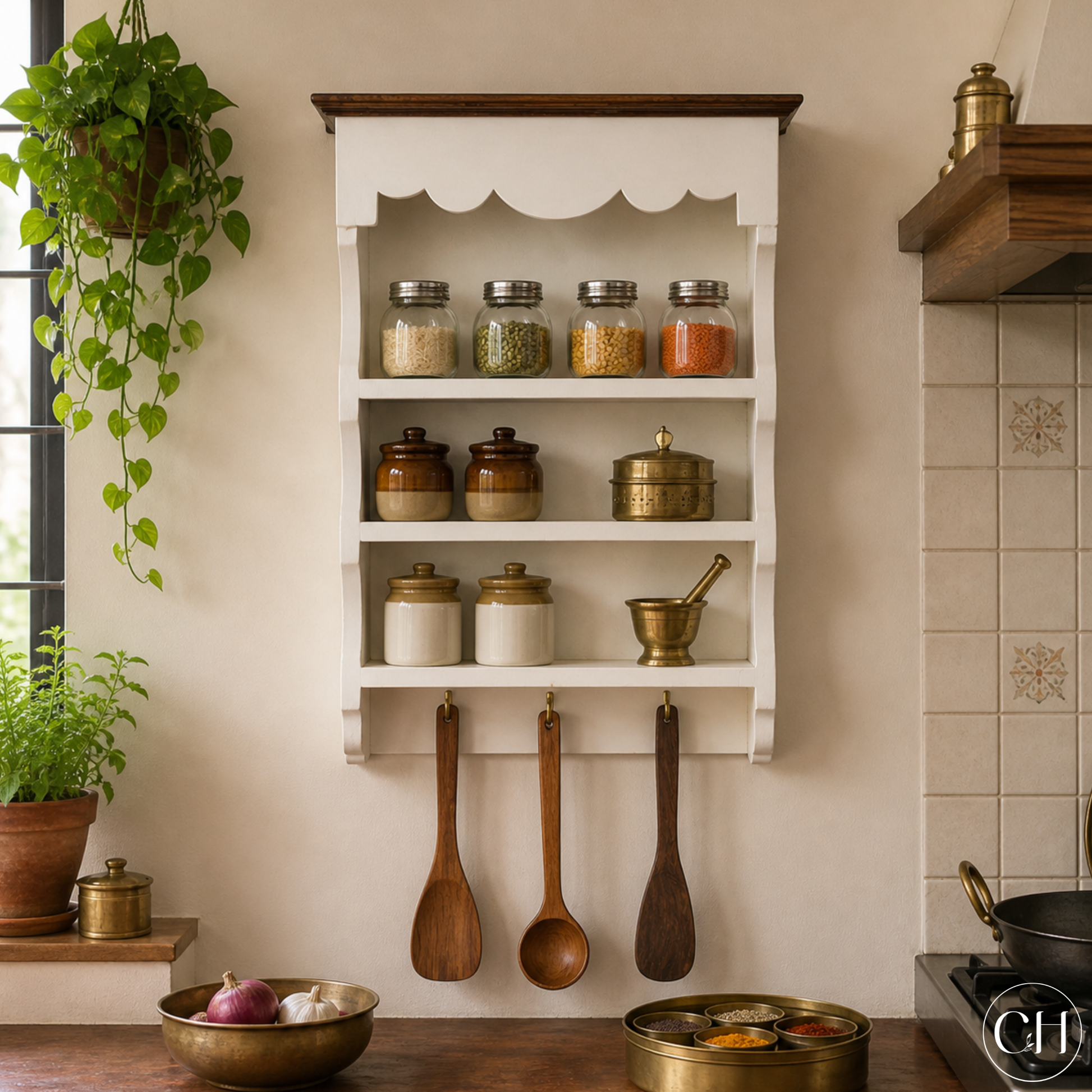 Farmhouse-style wall-mounted open kitchen shelf in wood and white tone | CustHum