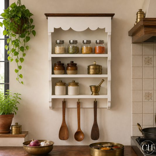 Farmhouse-style wall-mounted open kitchen shelf in wood and white tone | CustHum