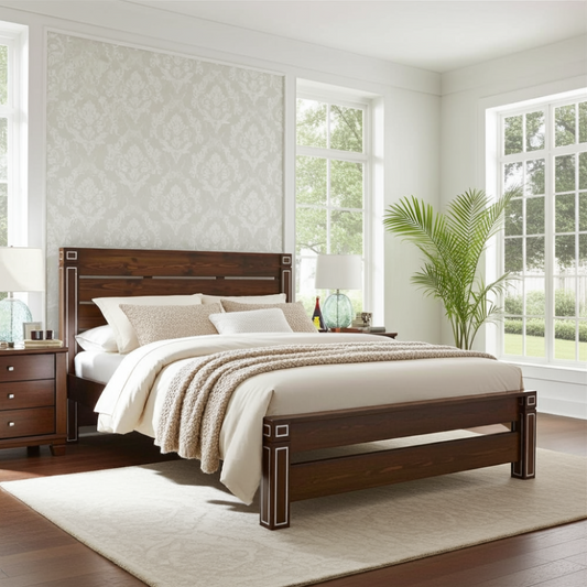 Wooden bed with inlaid paint design on headboard and footboard, placed in a bright bedroom with large windows and decorative elements.