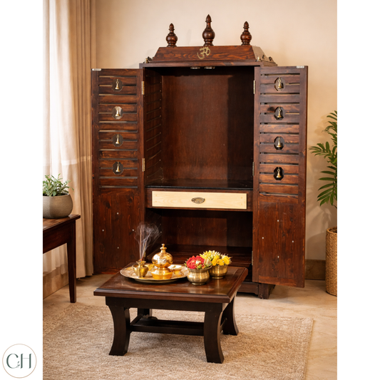 Freestanding wooden puja mandir with stowable stool | CUSTHUM