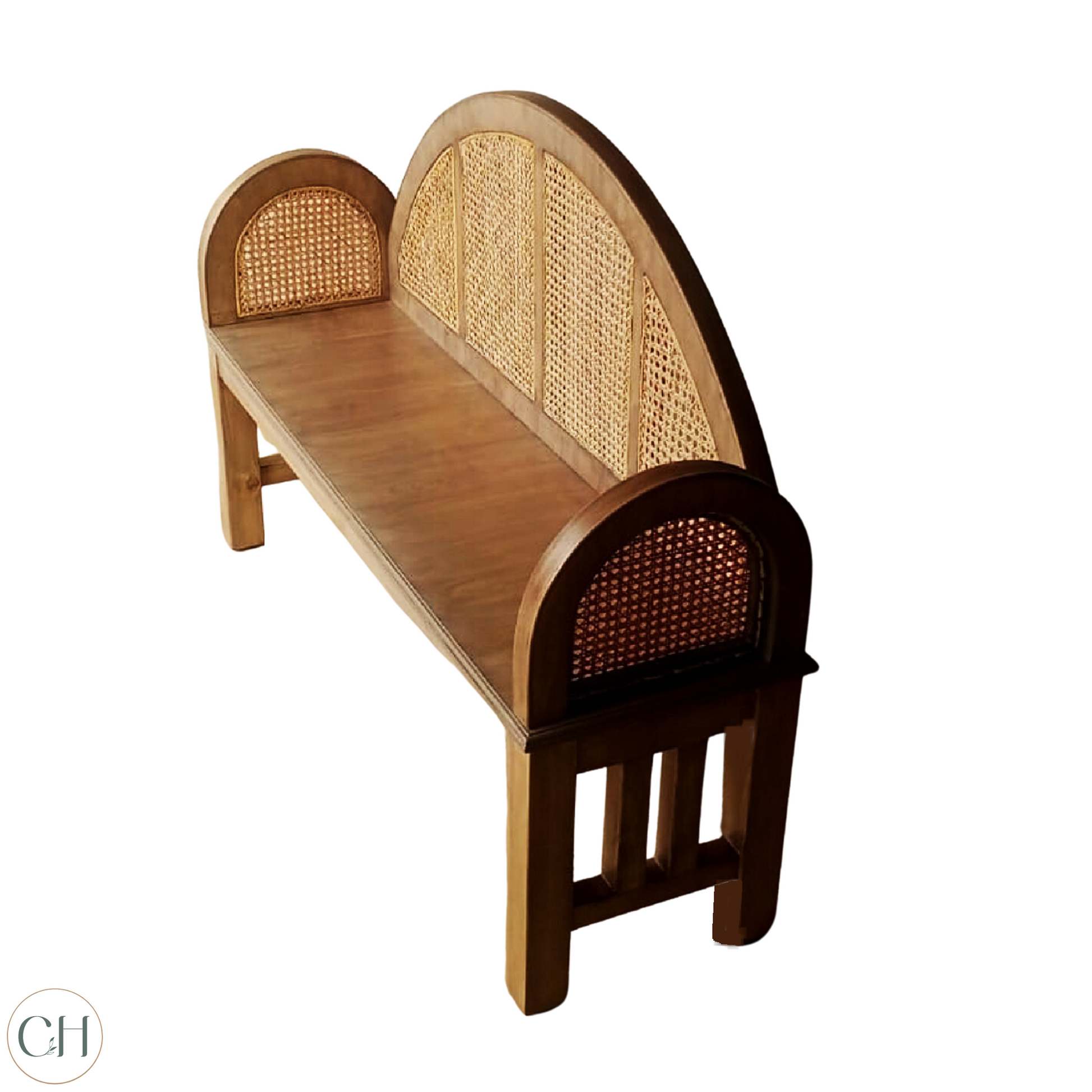 CustHum Elenore - solid wood entryway bench with woven rattan on back and arms (top view against white background)