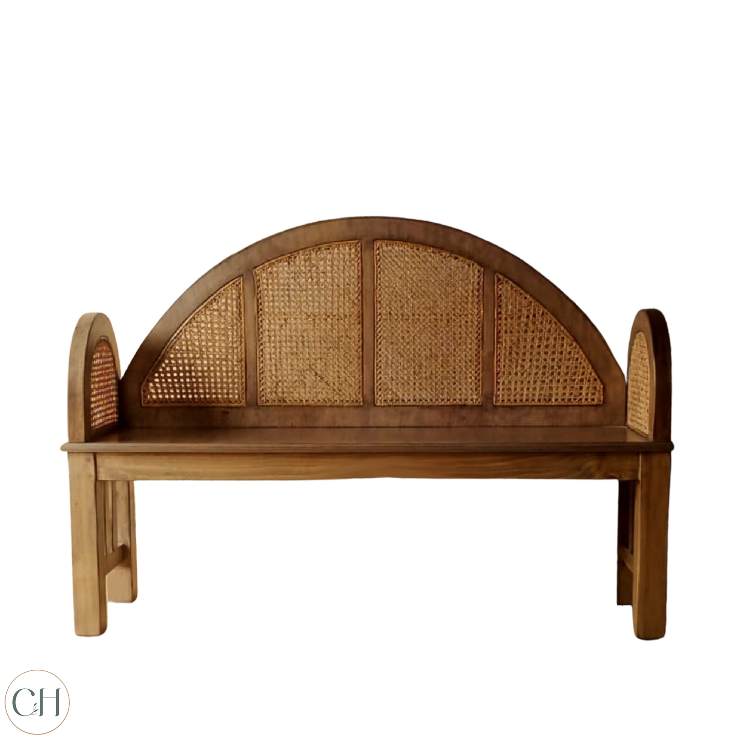 CustHum Elenore - solid wood entryway bench with woven rattan on back and arms (front view against white background)