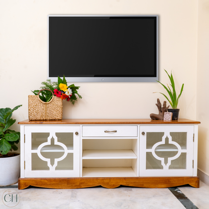 CustHum - TV console in white-n-wood finish, with ornate door panels, middle drawer and open middle shelves