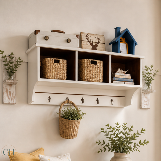 Farmhouse-style wall-mounted white mudroom shelf with three cubby holes and brass hooks, styled with various decor items | CustHum