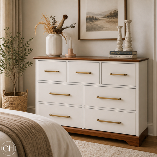 Rustic-modern chest of drawers in two-tone white-and-wood finish, brass-coated handles (ISO) | CustHum