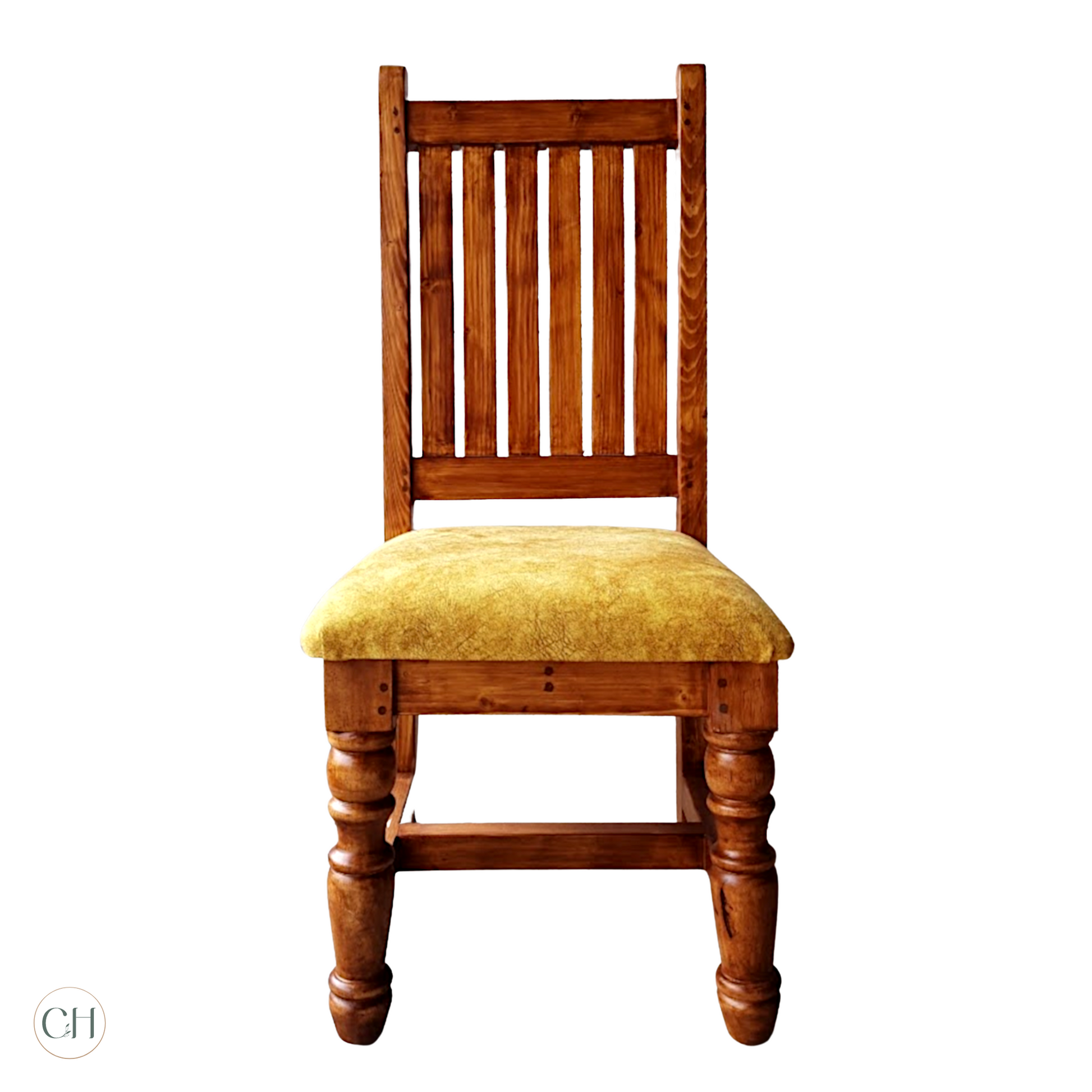 CustHum-Marigold-single chair bright yellow upholstery on seat, handturned legs (front view)
