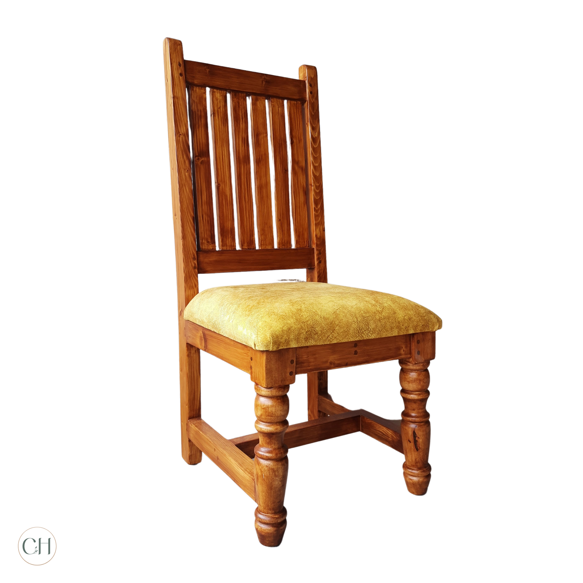 CustHum-Marigold-single chair bright yellow upholstery on seat, handturned legs (ISO)