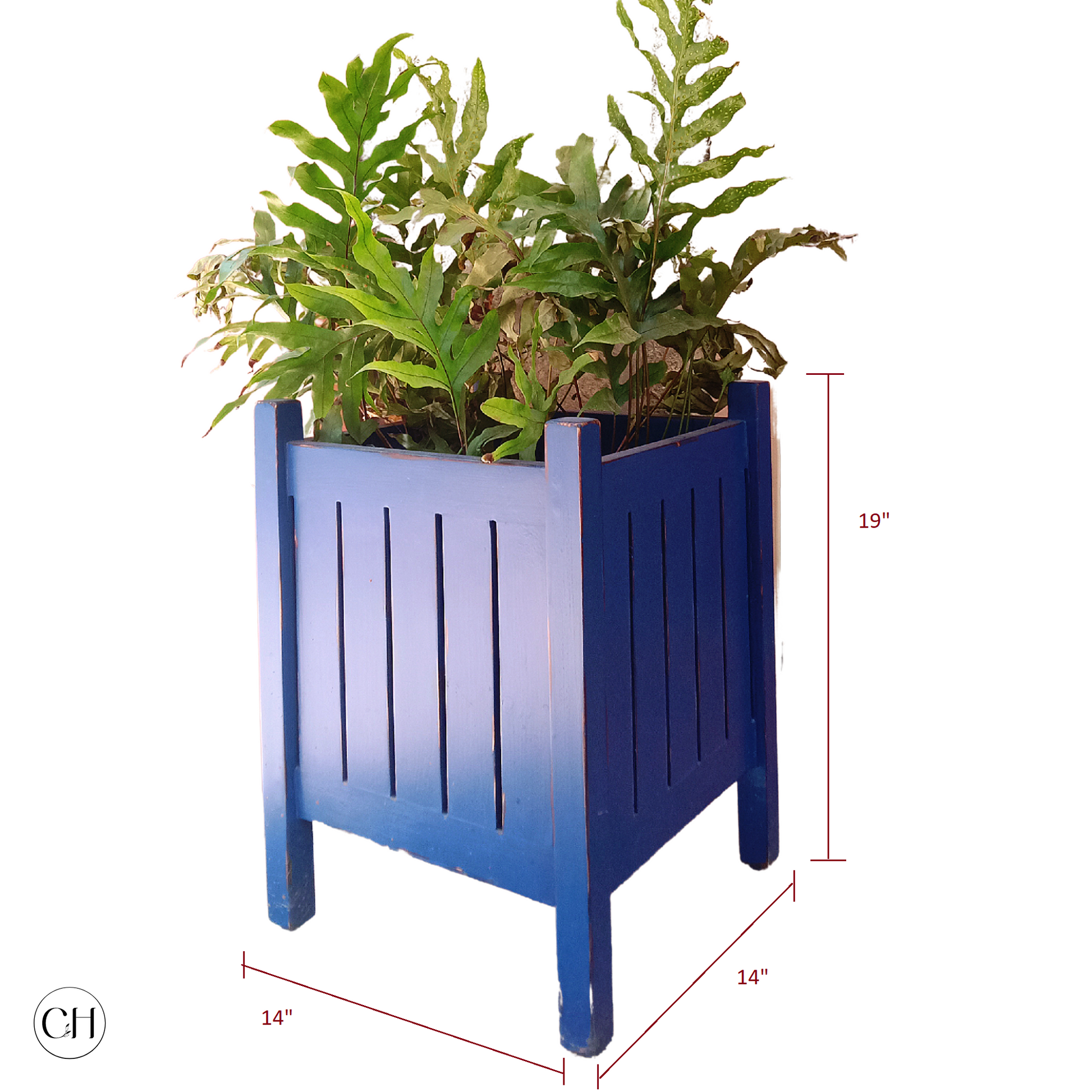 CustHum-Zinnia-rustic wooden planter-distressed blue-dimensions