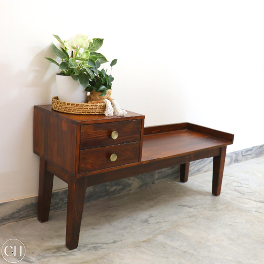 CustHum - solid wood transitional bench with 2 drawers (ISO view)