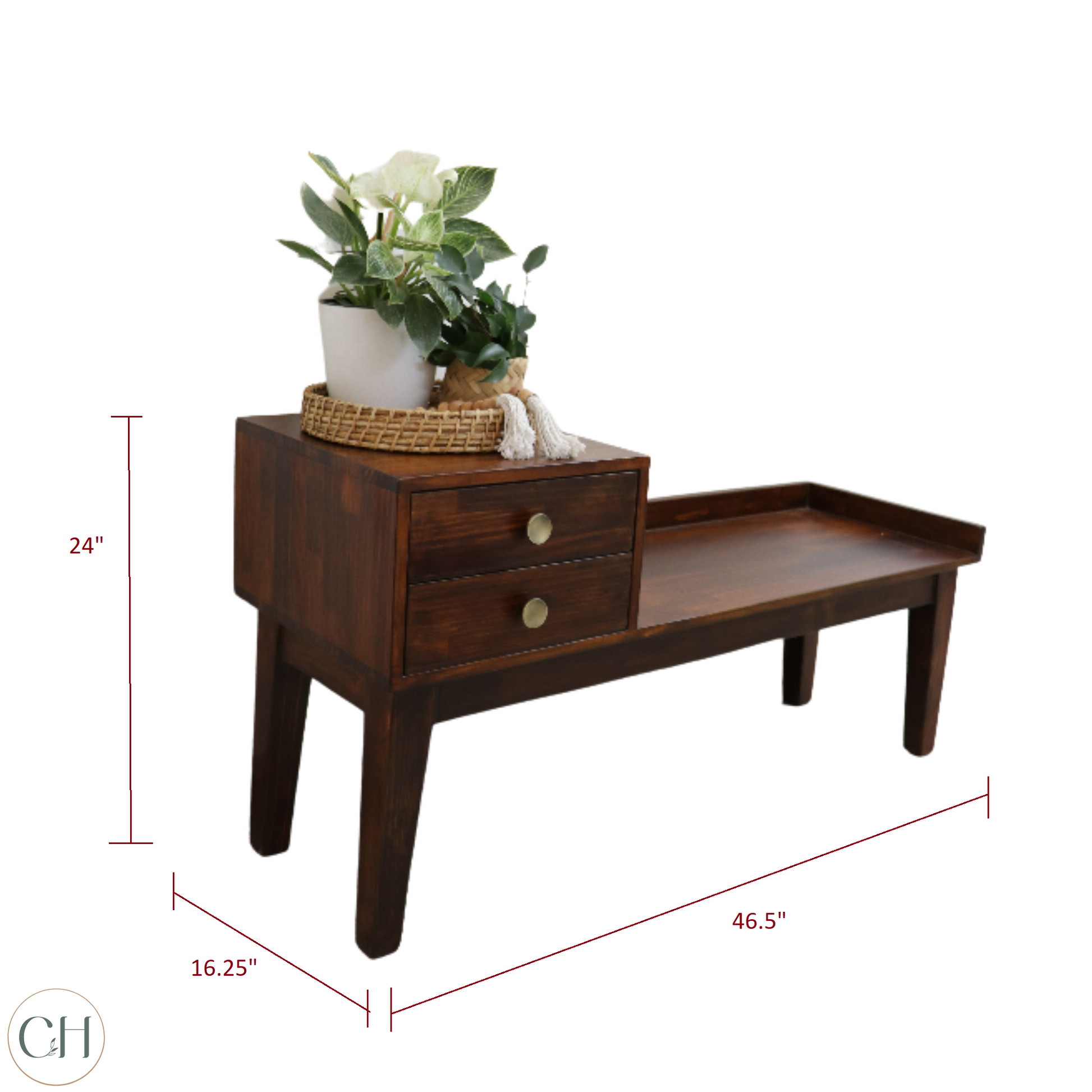 CustHum - solid wood transitional bench with 2 drawers (dimensions)