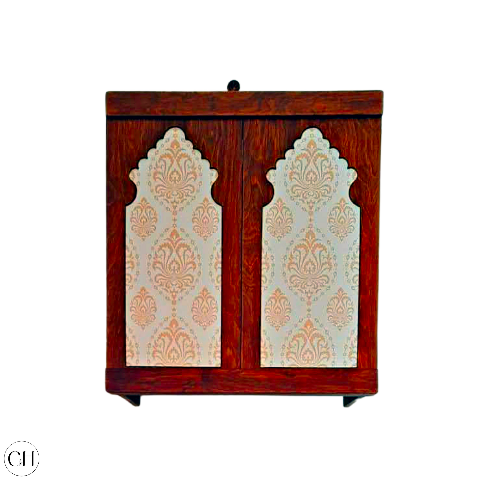 CustHum-Bhakti-compact wallmounted puja unit with traditional Indian motif on doors
