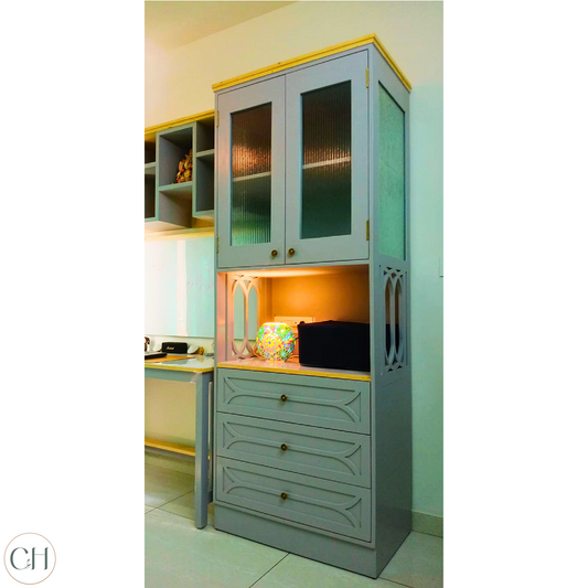 CustHum - Bookcase in duck-egg blue and pine finish, featuring fluted glass door cabinets, open space in the middle for printer, followed by three drawers (ISO view)