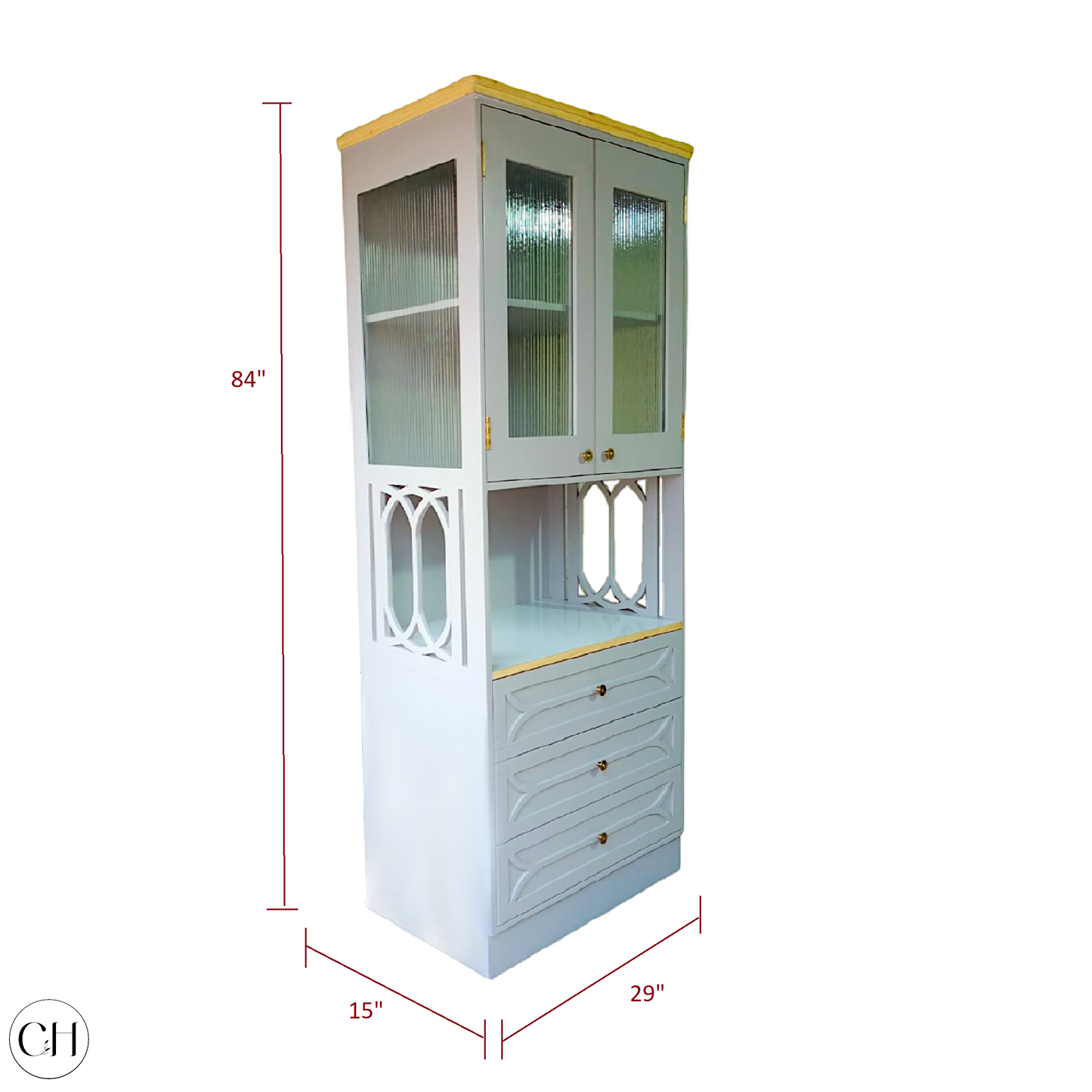 CustHum - Bookcase in duck-egg blue and pine finish, featuring fluted glass door cabinets, open space in the middle for printer, followed by three drawers (dimensions)