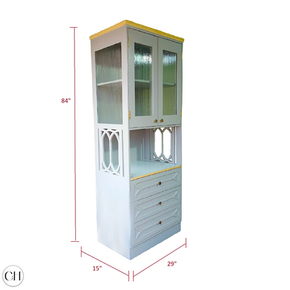 CustHum - Bookcase in duck-egg blue and pine finish, featuring fluted glass door cabinets, open space in the middle for printer, followed by three drawers (dimensions)