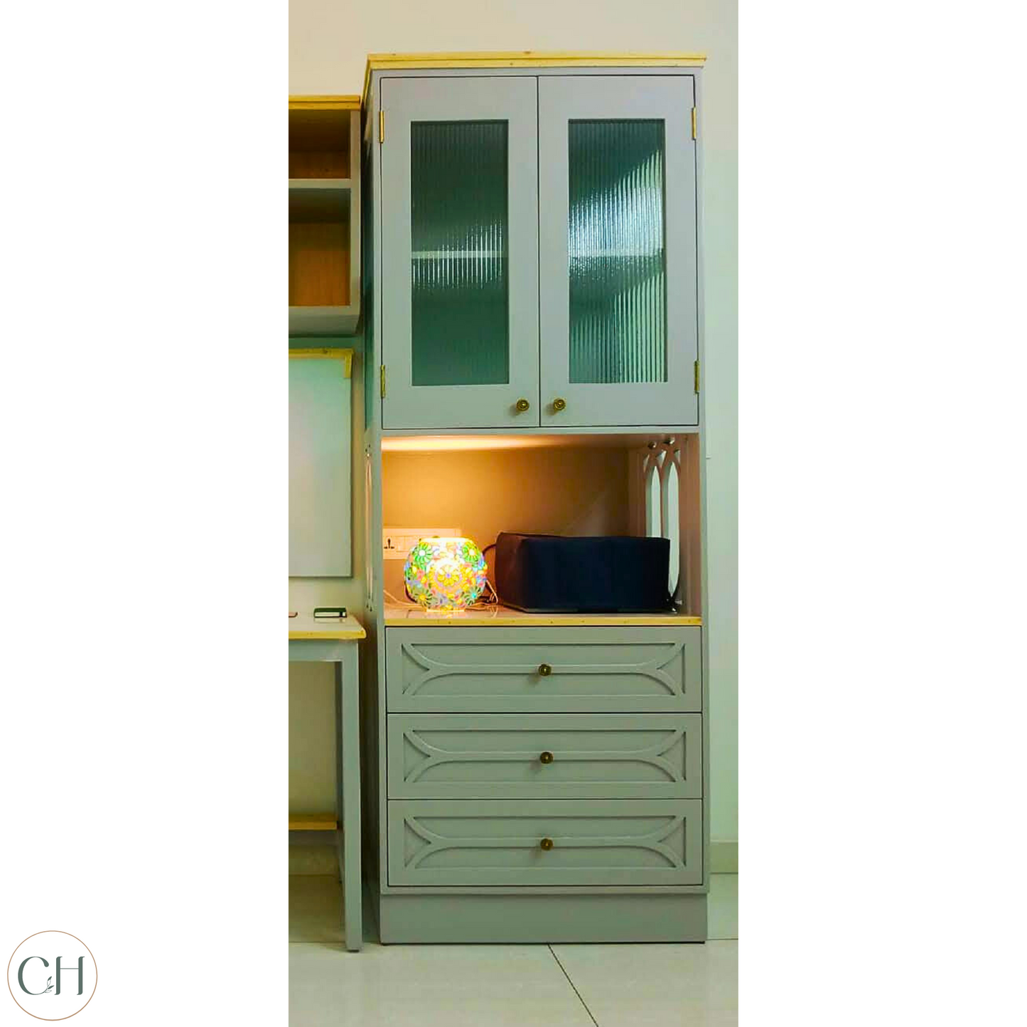 CustHum - Bookcase in duck-egg blue and pine finish, featuring fluted glass door cabinets, open space in the middle for printer, followed by three drawers (front view)