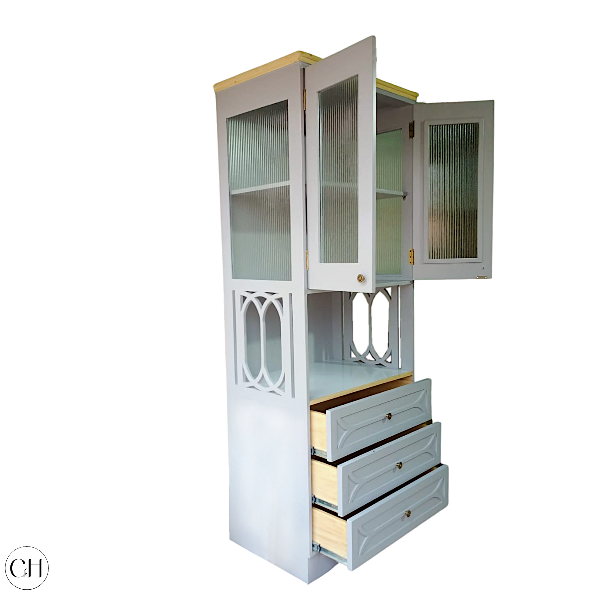 CustHum - Bookcase in duck-egg blue and pine finish, featuring fluted glass door cabinets, open space in the middle for printer, followed by three drawers (white background, doors and drawers open)