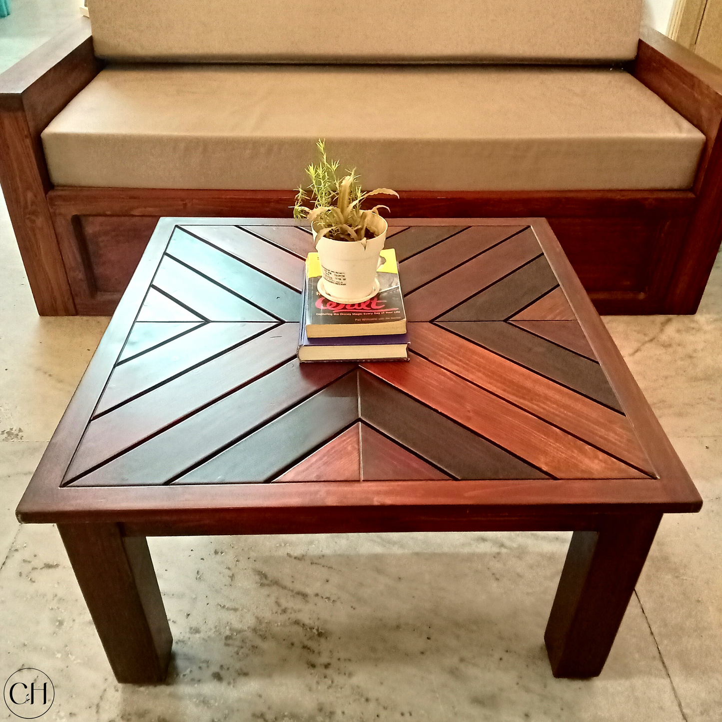 Corfu - Wooden Center Table with Herringbone Top - CustHum